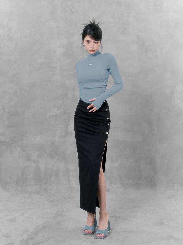 VOCK Soft Knit Slim Mockneck Metal Women's Cotton Blend Long Sleeve T-shirts