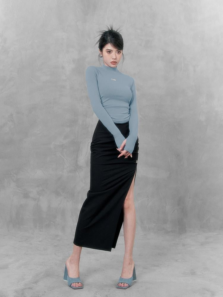 VOCK Soft Knit Slim Mockneck Metal Women's Cotton Blend Long Sleeve T-shirts