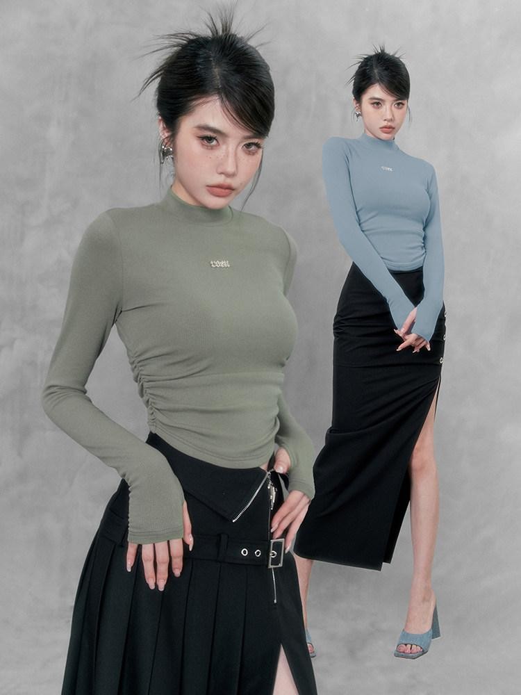 VOCK Soft Knit Slim Mockneck Metal Women's Cotton Blend Long Sleeve T-shirts