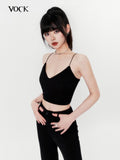 VOCK Solid V-neck Tie Slim Cropped Elastic Knit Women's Cotton Blend Padded Camisoles