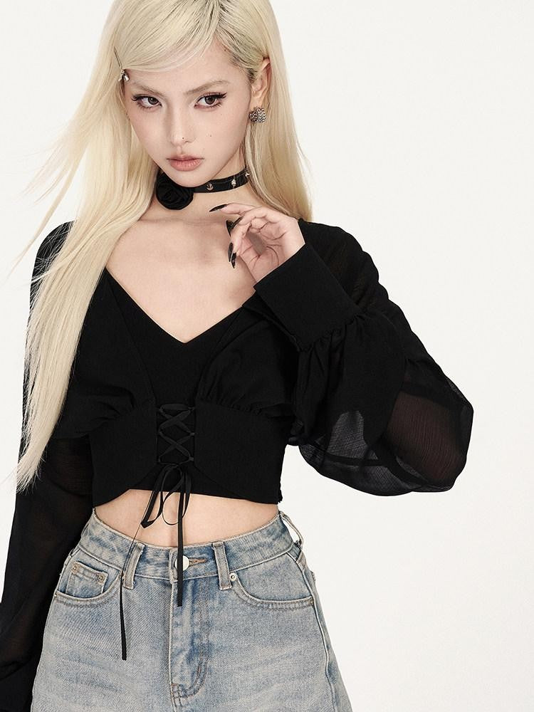 VOCK Solid V-neck Tie Slim Cropped Elastic Knit Women's Cotton Blend Padded Camisoles