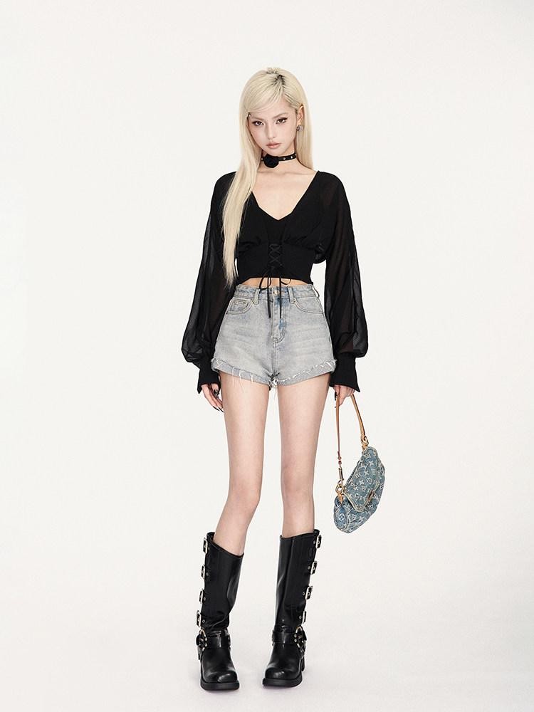 VOCK Solid V-neck Tie Slim Cropped Elastic Knit Women's Cotton Blend Padded Camisoles