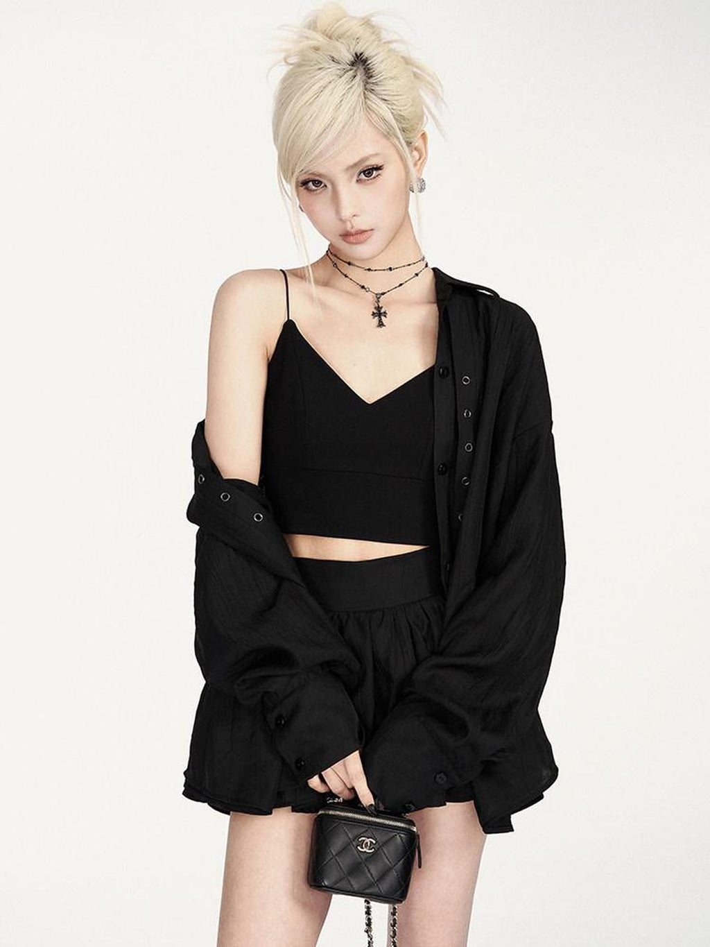 VOCK Solid V-neck Tie Slim Cropped Elastic Knit Women's Cotton Blend Padded Camisoles