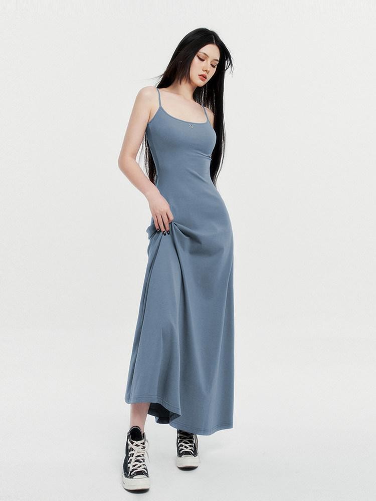 VOCK Spaghetti Strap Knit A Line Slimming Women's Cotton Spandex Slip Maxi Dresses