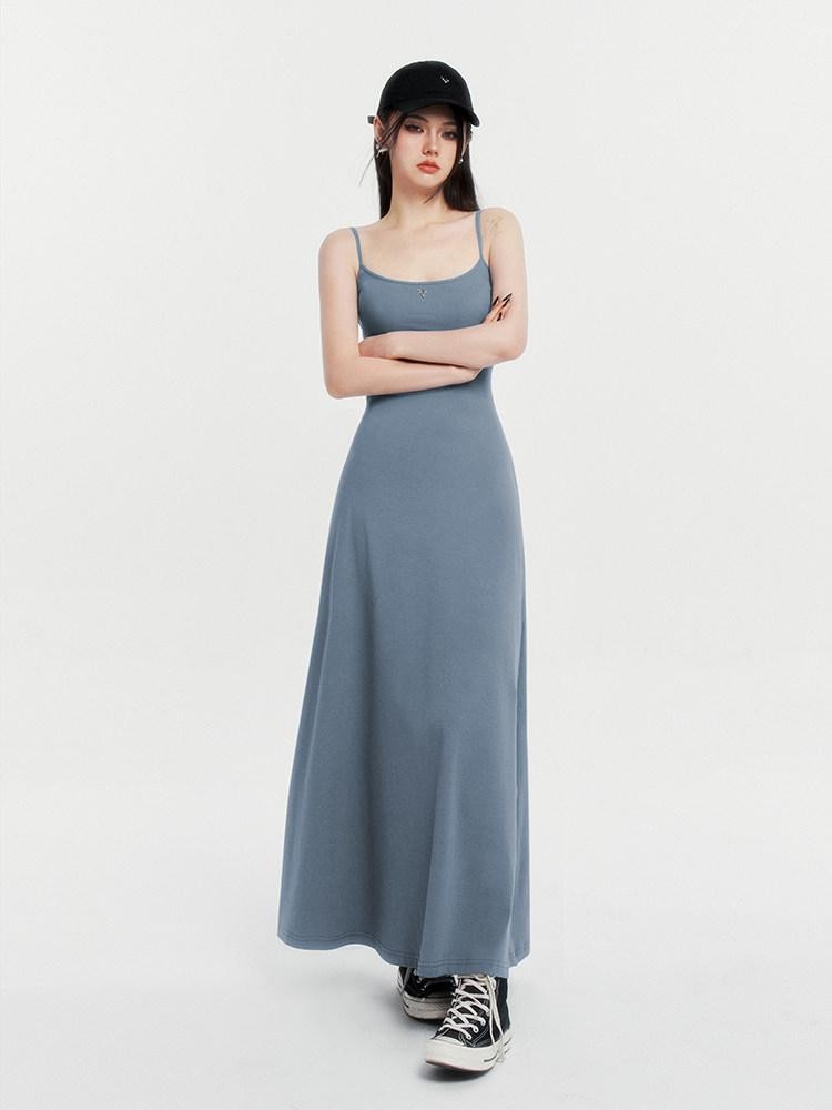 VOCK Spaghetti Strap Knit A Line Slimming Women's Cotton Spandex Slip Maxi Dresses