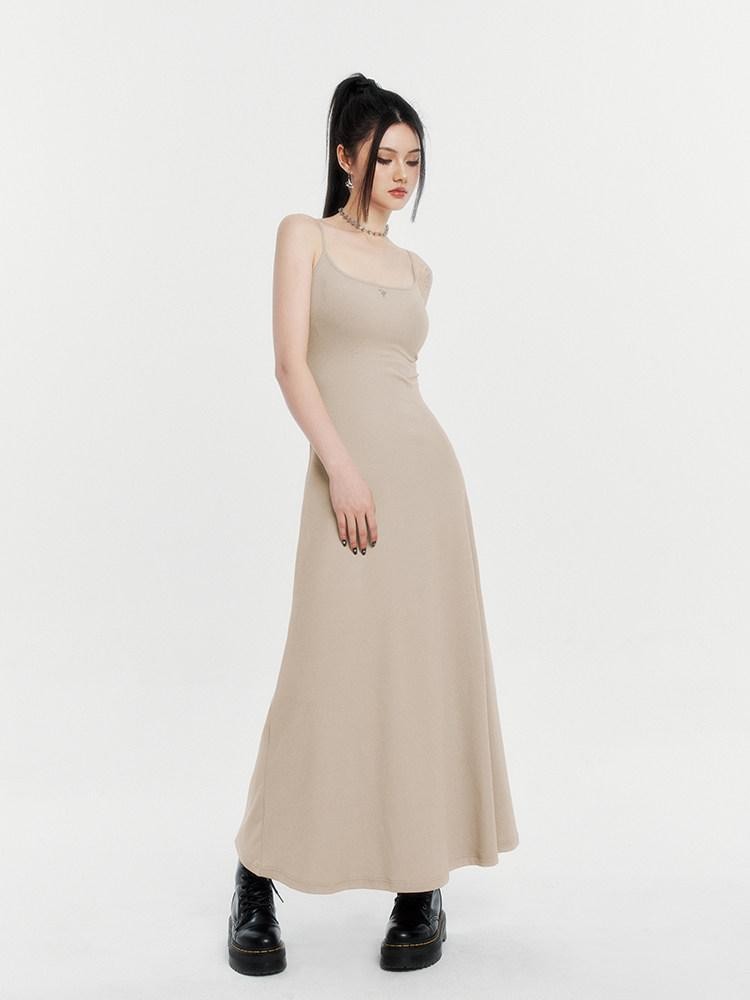 VOCK Spaghetti Strap Knit A Line Slimming Women's Cotton Spandex Slip Maxi Dresses