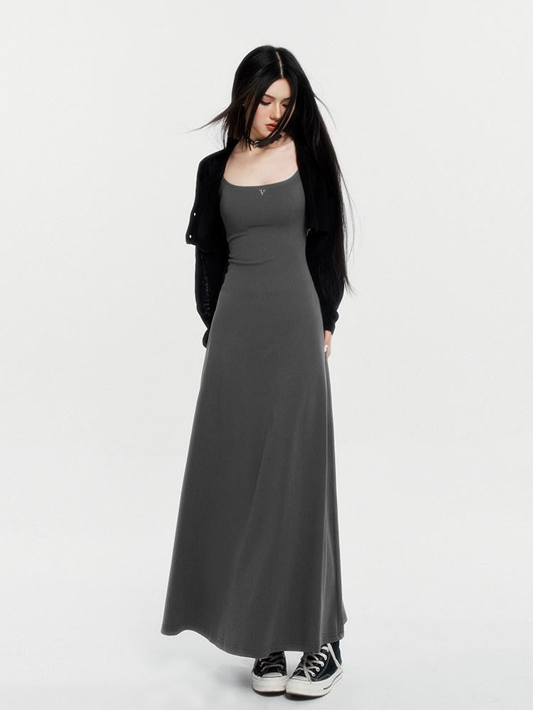 VOCK Spaghetti Strap Knit A Line Slimming Women's Cotton Spandex Slip Maxi Dresses