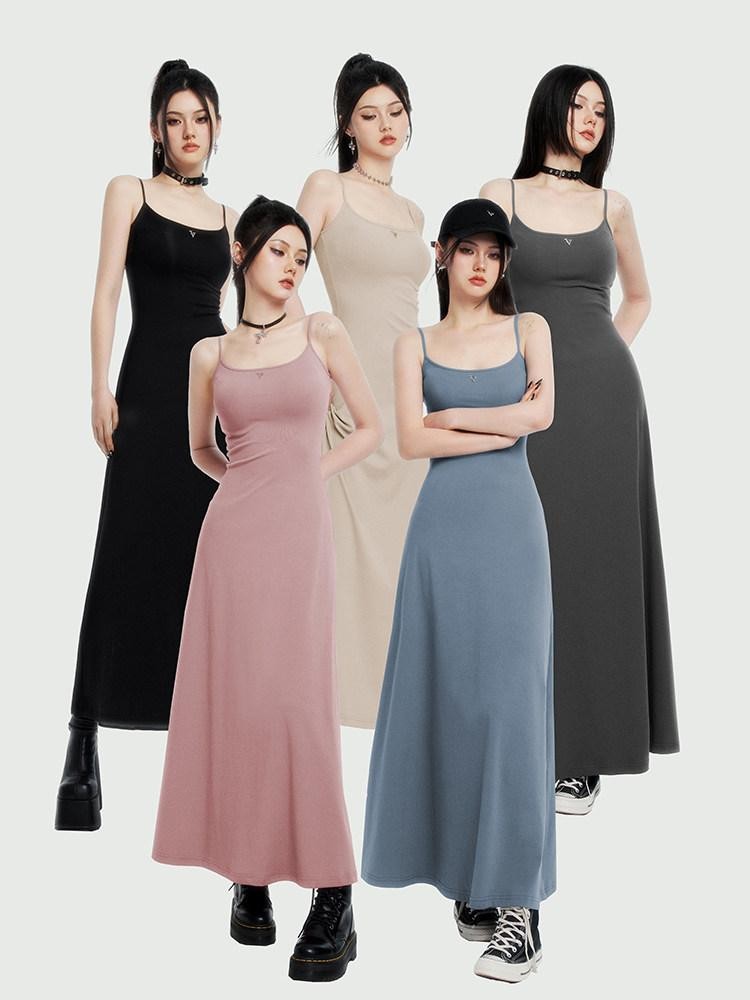 VOCK Spaghetti Strap Knit A Line Slimming Women's Cotton Spandex Slip Maxi Dresses