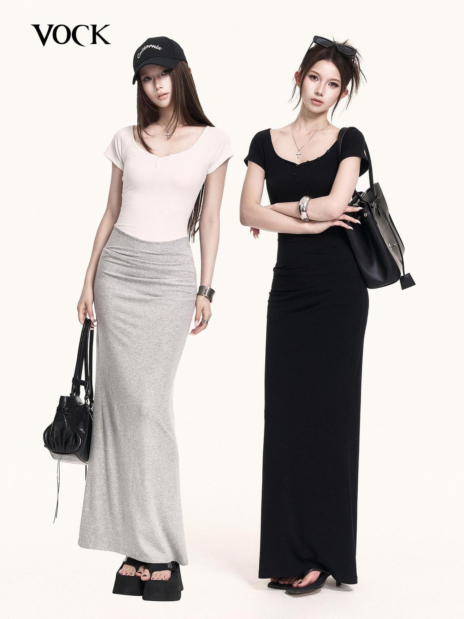 VOCK Spliced Fake Two Piece Mermaid Hem Women's Cotton Stretch Casual Maxi Dresses