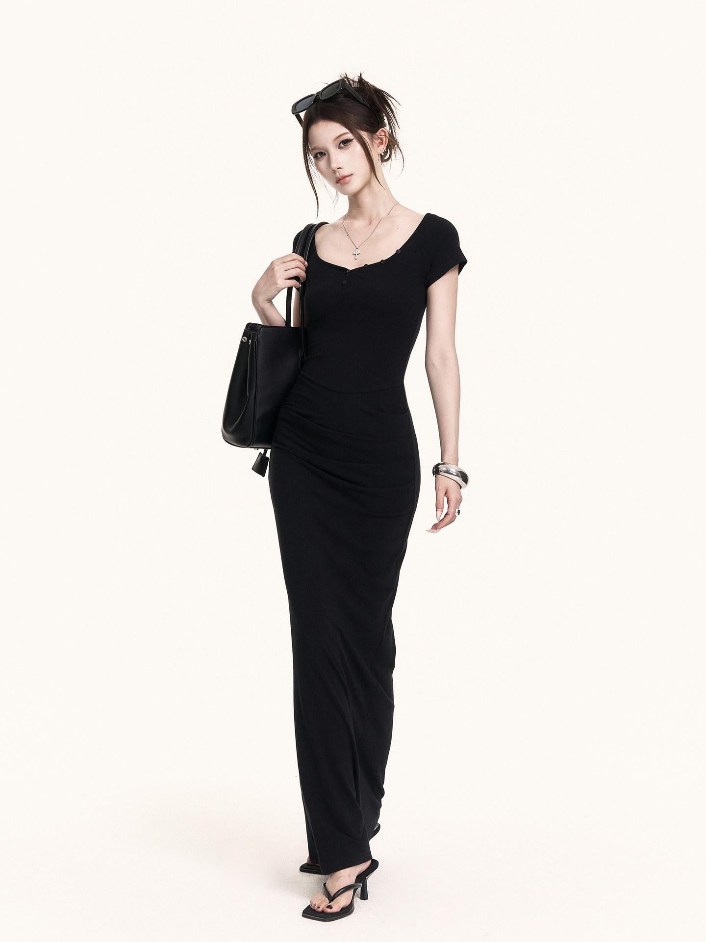 VOCK Spliced Fake Two Piece Mermaid Hem Women's Cotton Stretch Casual Maxi Dresses