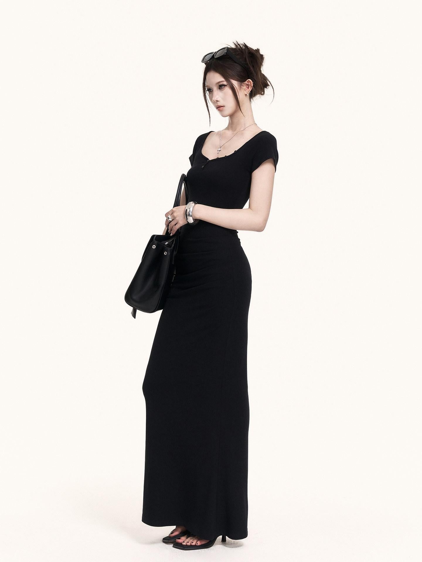 VOCK Spliced Fake Two Piece Mermaid Hem Women's Cotton Stretch Casual Maxi Dresses