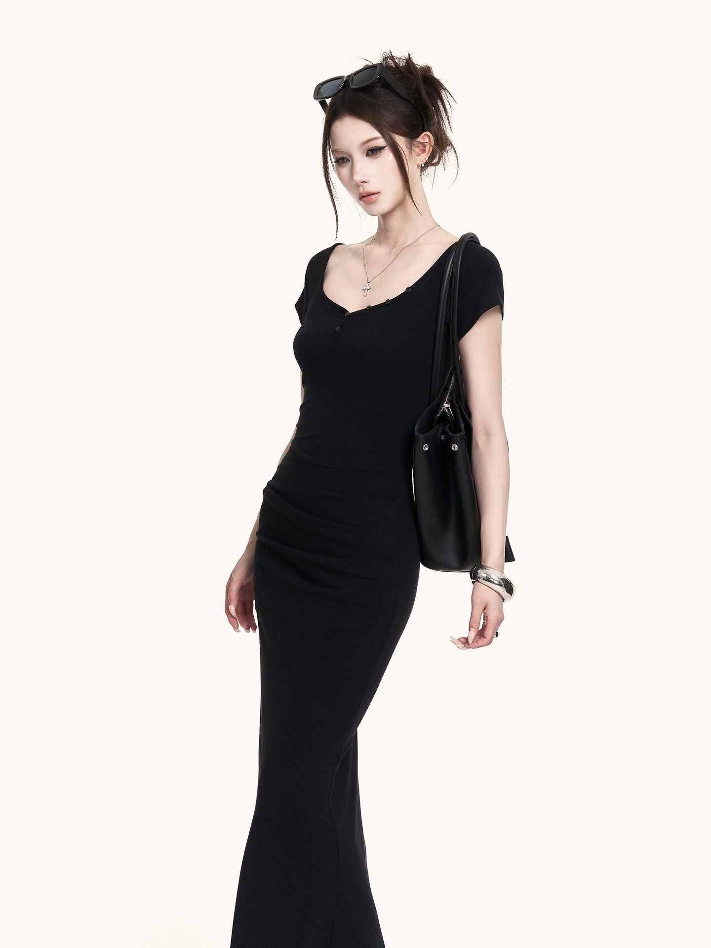 VOCK Spliced Fake Two Piece Mermaid Hem Women's Cotton Stretch Casual Maxi Dresses