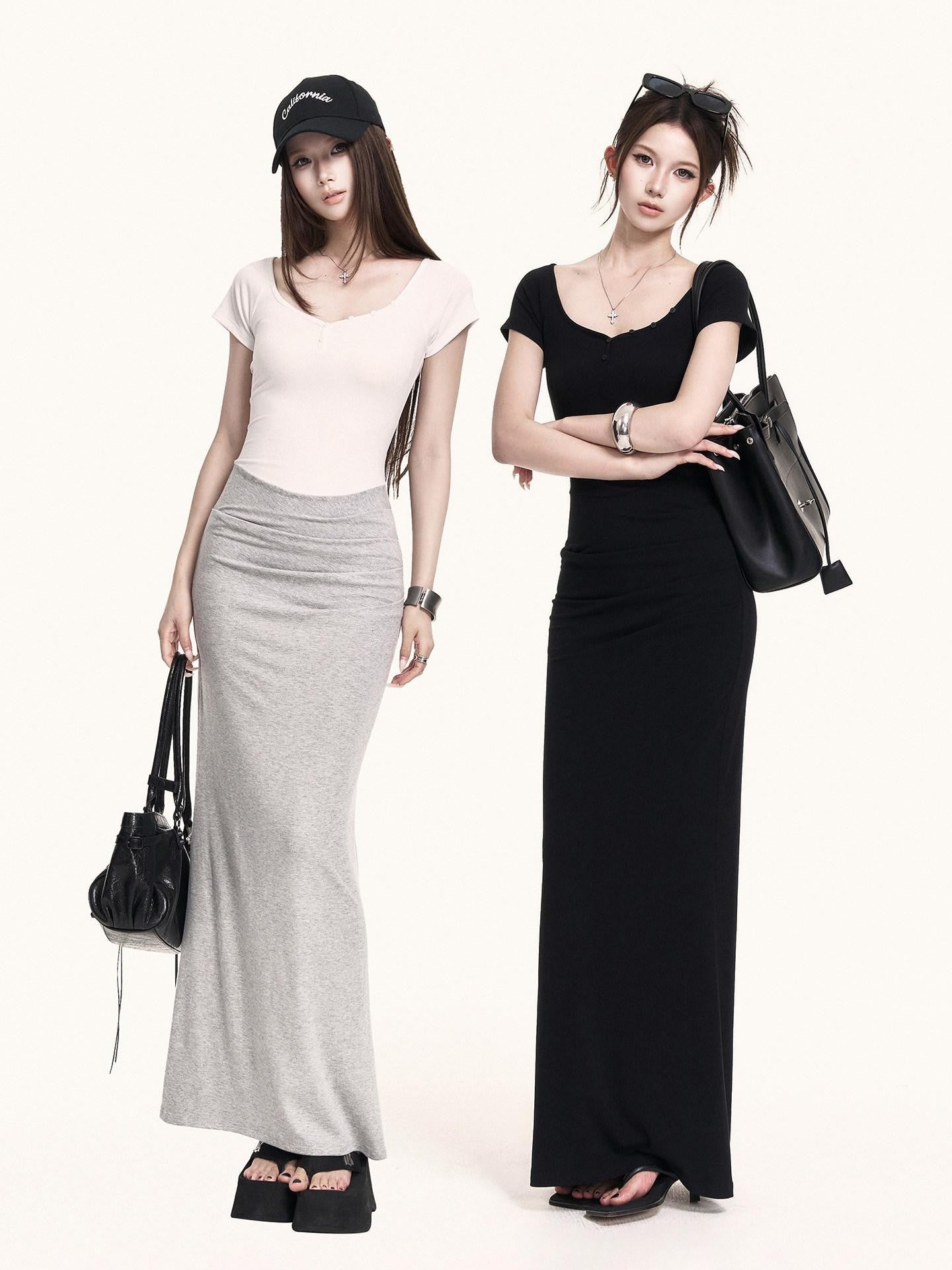 VOCK Spliced Fake Two Piece Mermaid Hem Women's Cotton Stretch Casual Maxi Dresses