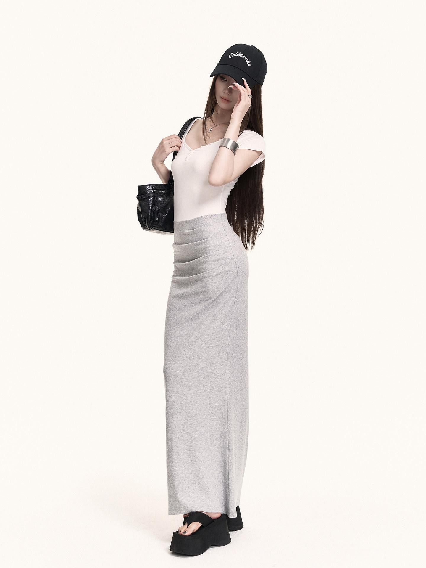 VOCK Spliced Fake Two Piece Mermaid Hem Women's Cotton Stretch Casual Maxi Dresses