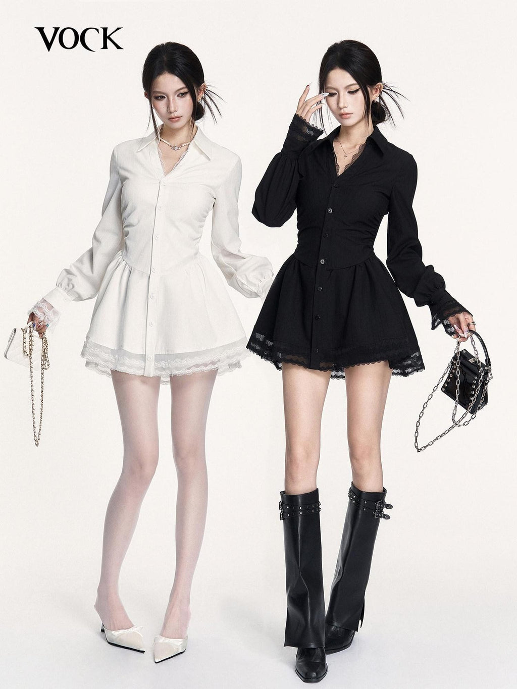 VOCK Spliced Lace Pleated French Aline Shirt Two Piece Women's Casual Mini Dresses
