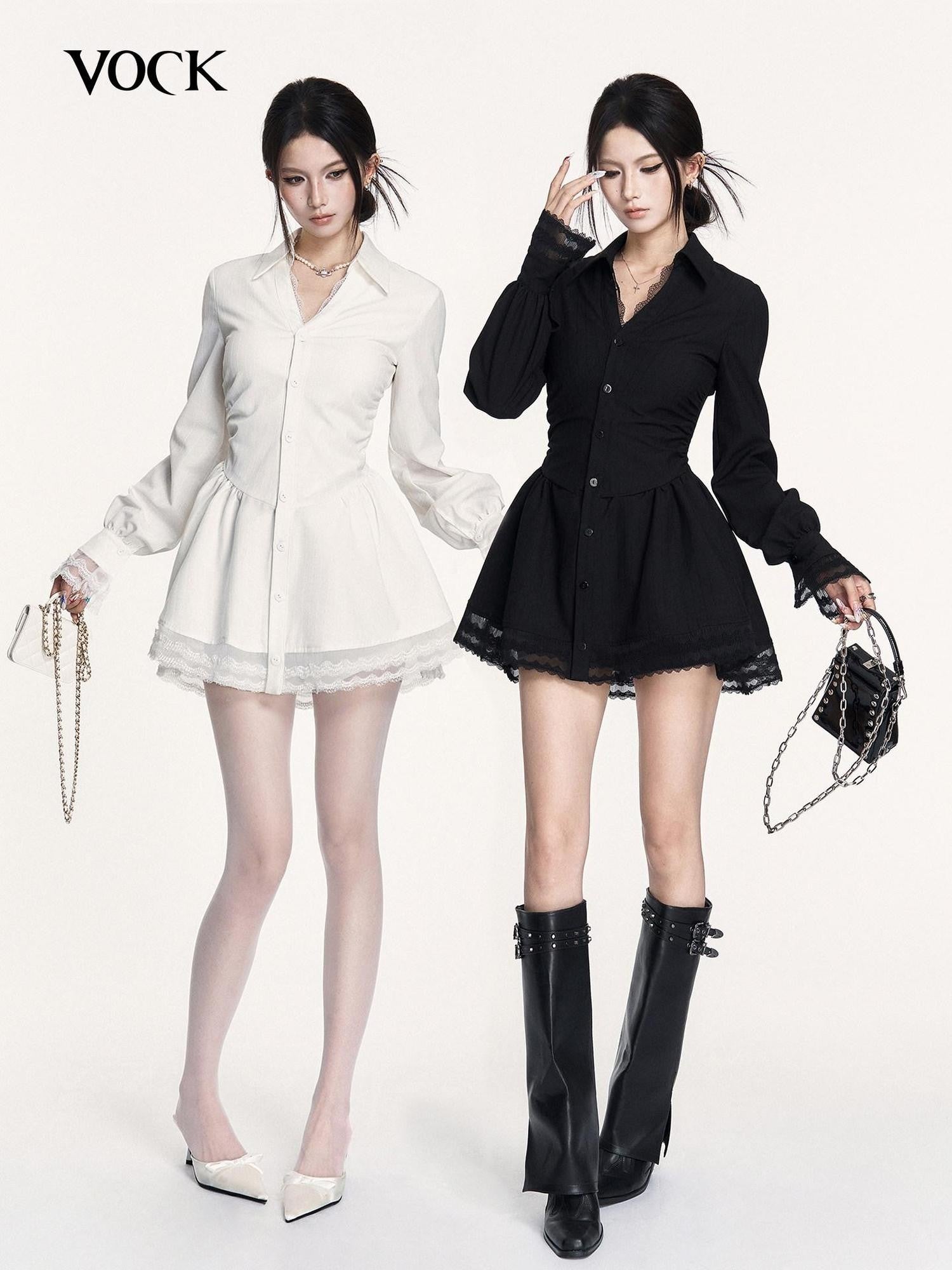 VOCK Spliced Lace Pleated French Aline Shirt Two Piece Women's Casual Mini Dresses