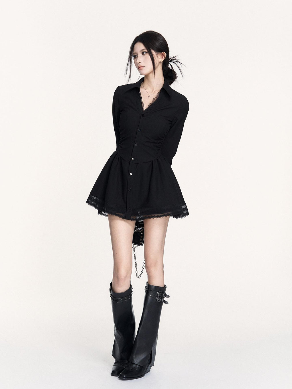 VOCK Spliced Lace Pleated French Aline Shirt Two Piece Women's Casual Mini Dresses