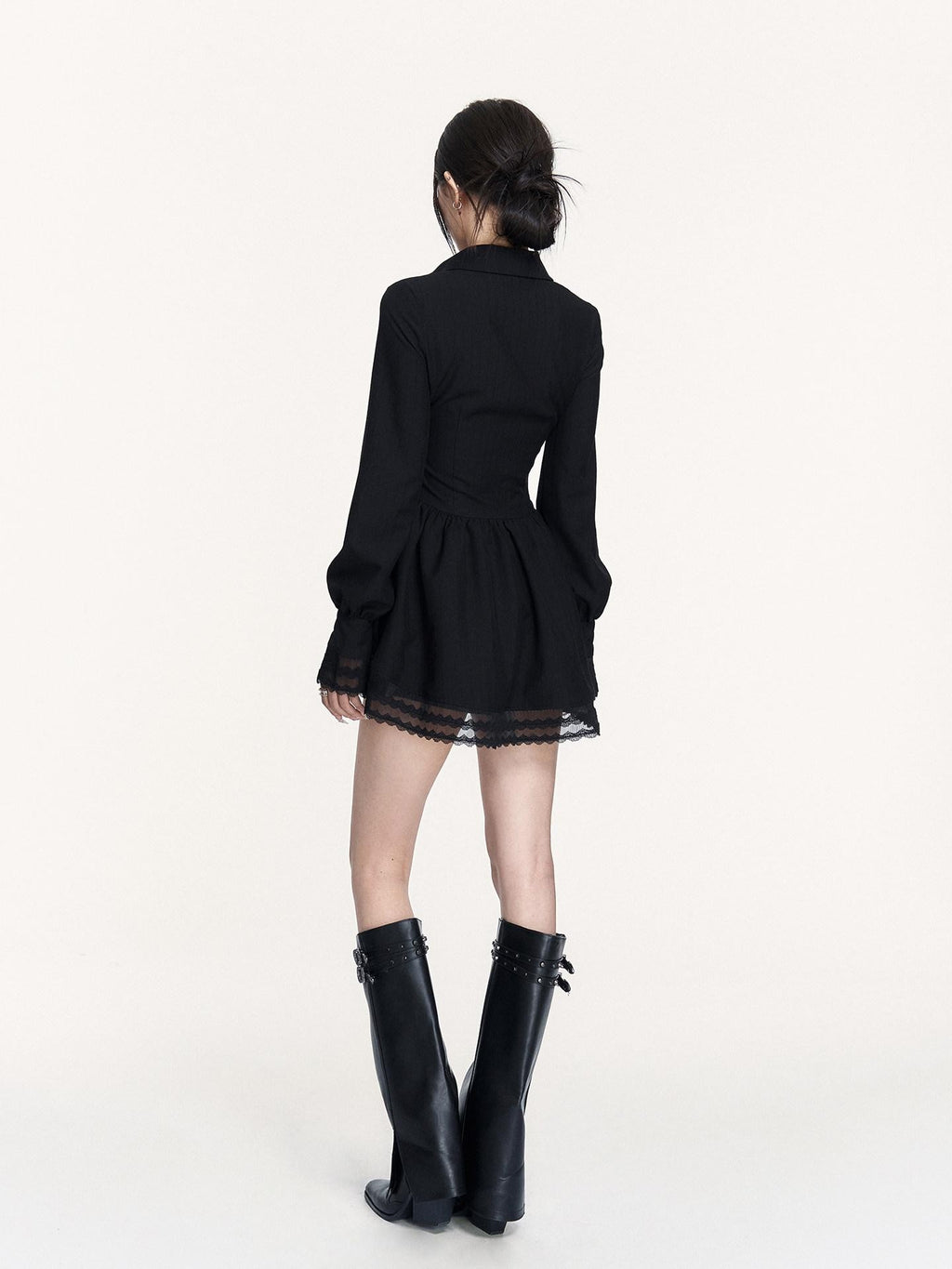 VOCK Spliced Lace Pleated French Aline Shirt Two Piece Women's Casual Mini Dresses