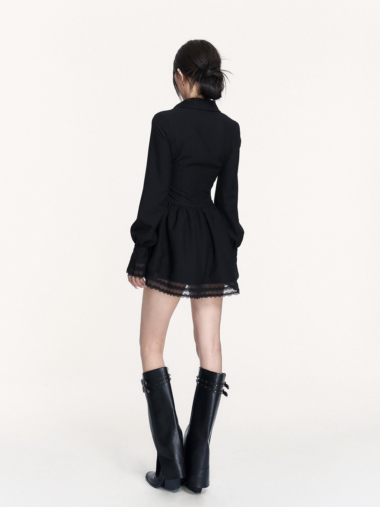 VOCK Spliced Lace Pleated French Aline Shirt Two Piece Women's Casual Mini Dresses