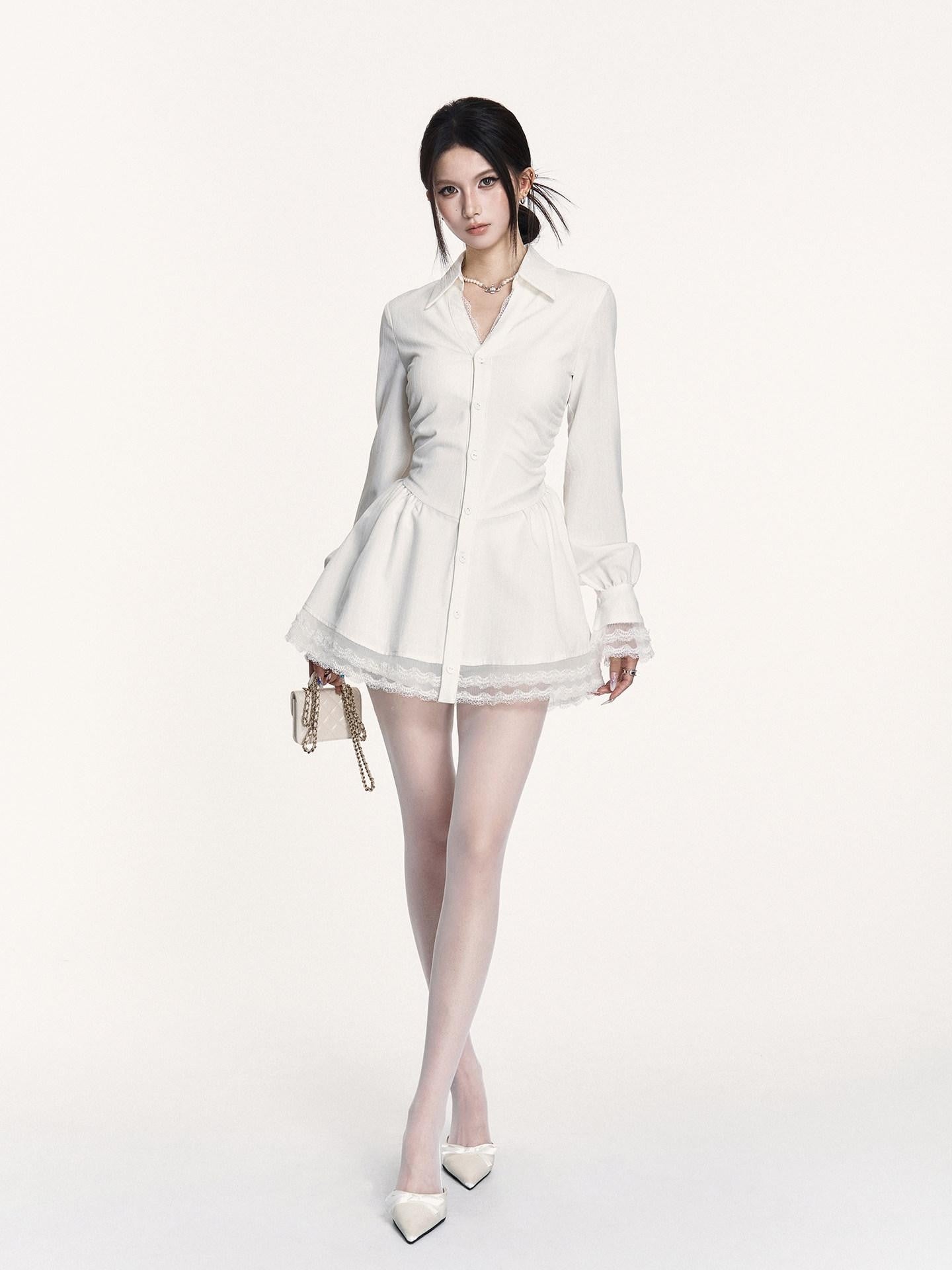 VOCK Spliced Lace Pleated French Aline Shirt Two Piece Women's Casual Mini Dresses