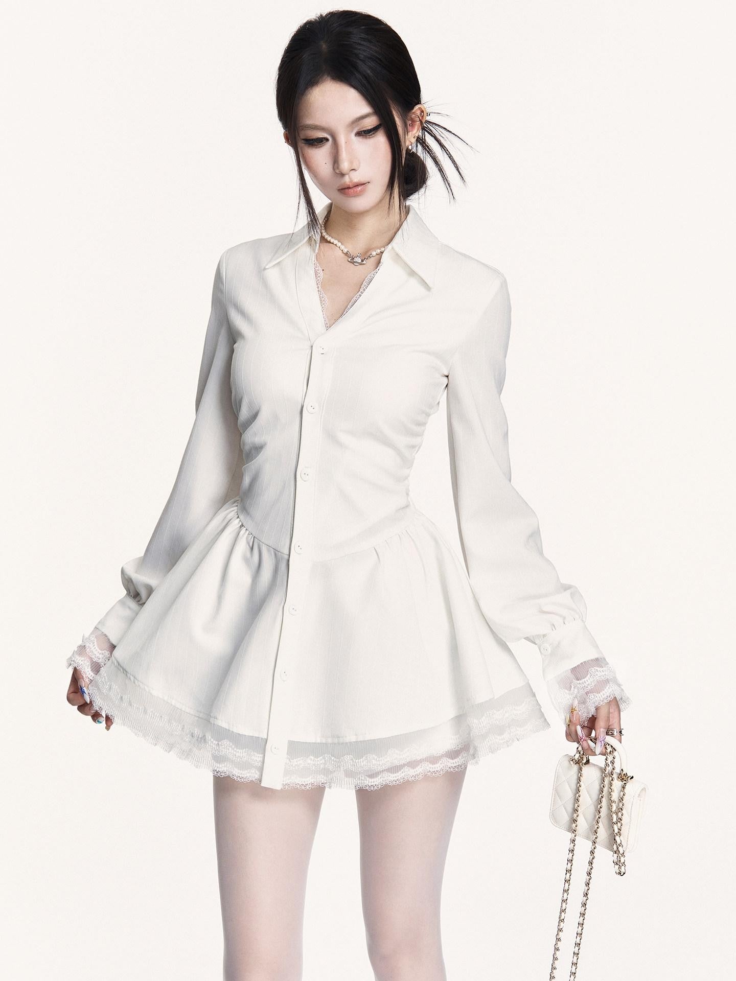 VOCK Spliced Lace Pleated French Aline Shirt Two Piece Women's Casual Mini Dresses