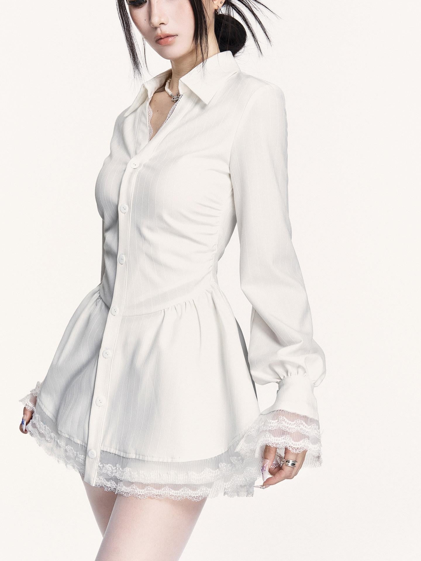 VOCK Spliced Lace Pleated French Aline Shirt Two Piece Women's Casual Mini Dresses