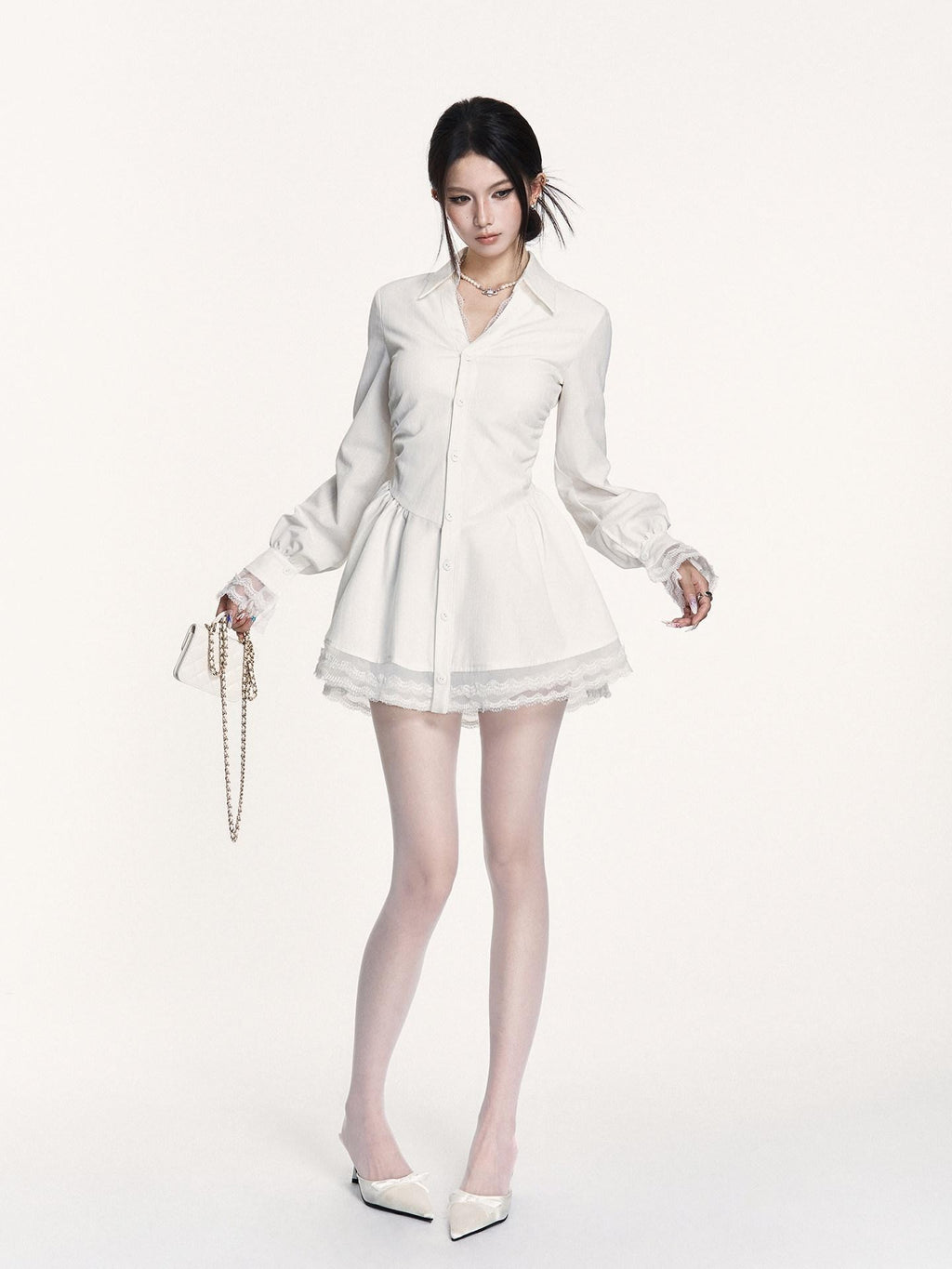 VOCK Spliced Lace Pleated French Aline Shirt Two Piece Women's Casual Mini Dresses
