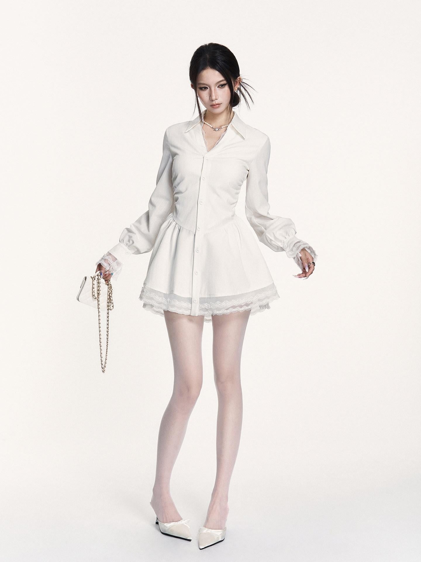 VOCK Spliced Lace Pleated French Aline Shirt Two Piece Women's Casual Mini Dresses