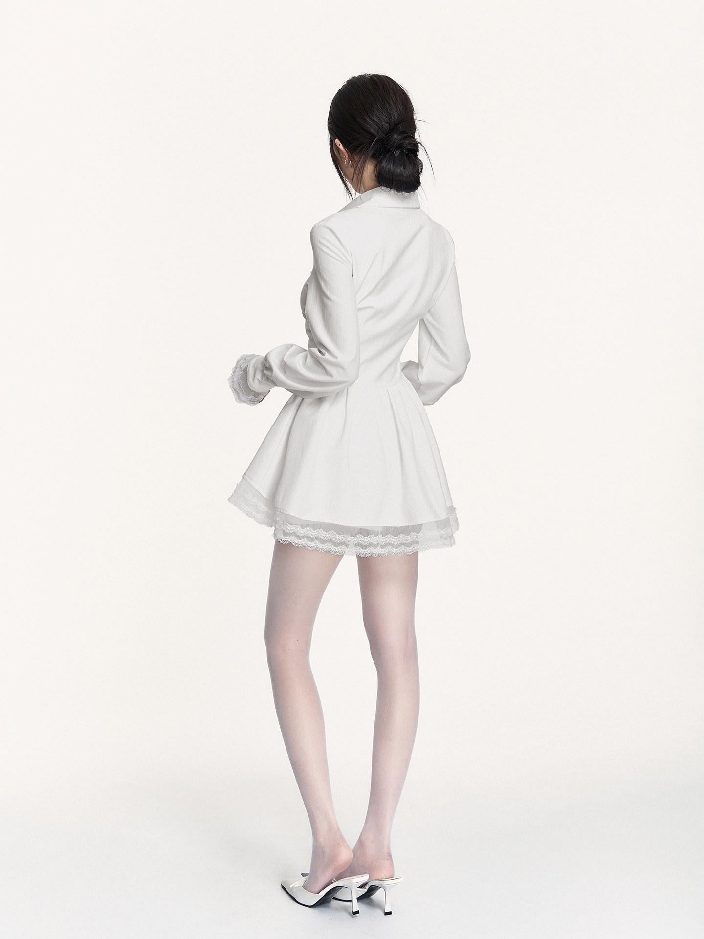 VOCK Spliced Lace Pleated French Aline Shirt Two Piece Women's Casual Mini Dresses