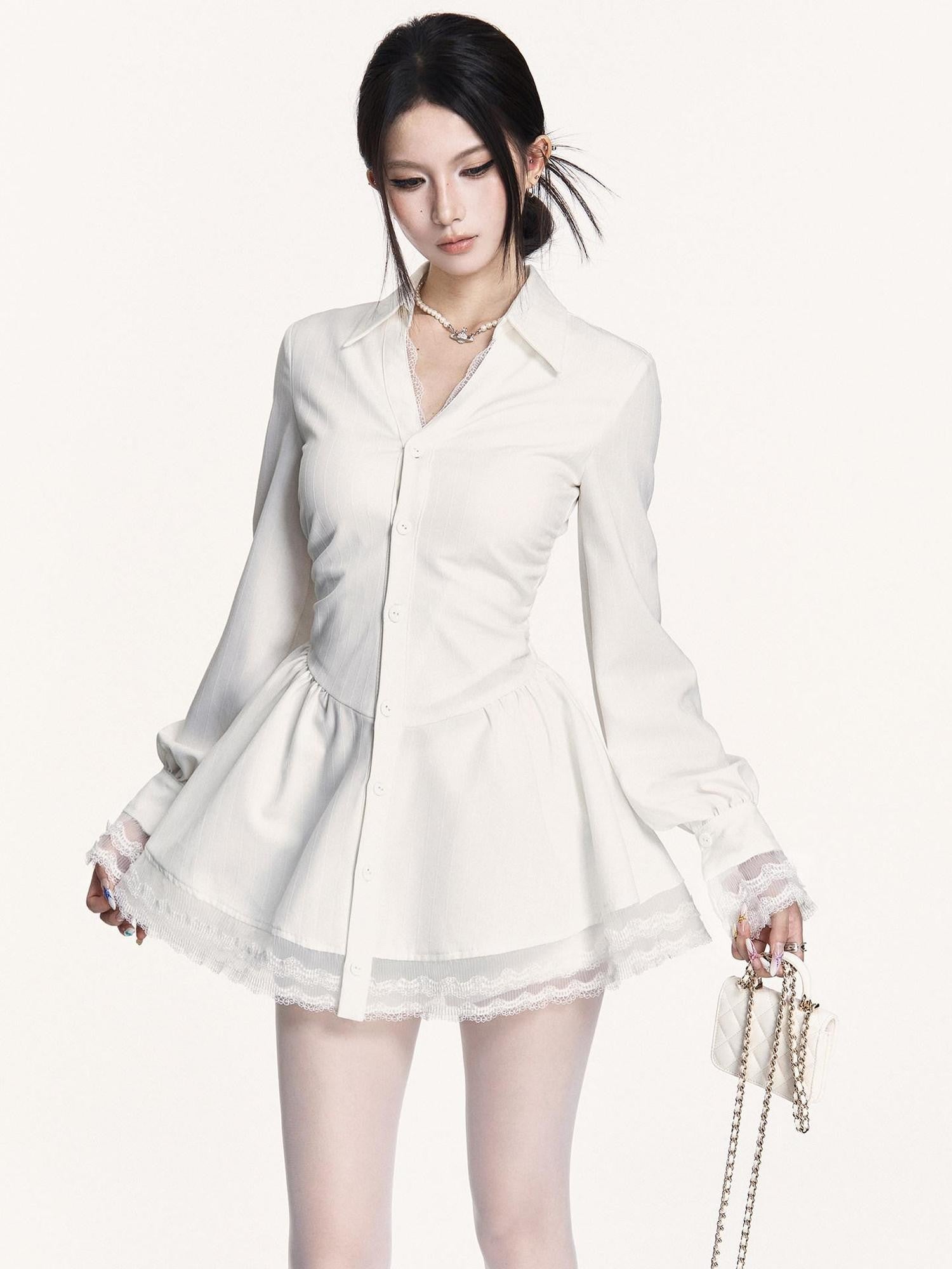 VOCK Spliced Lace Pleated French Aline Shirt Two Piece Women's Casual Mini Dresses