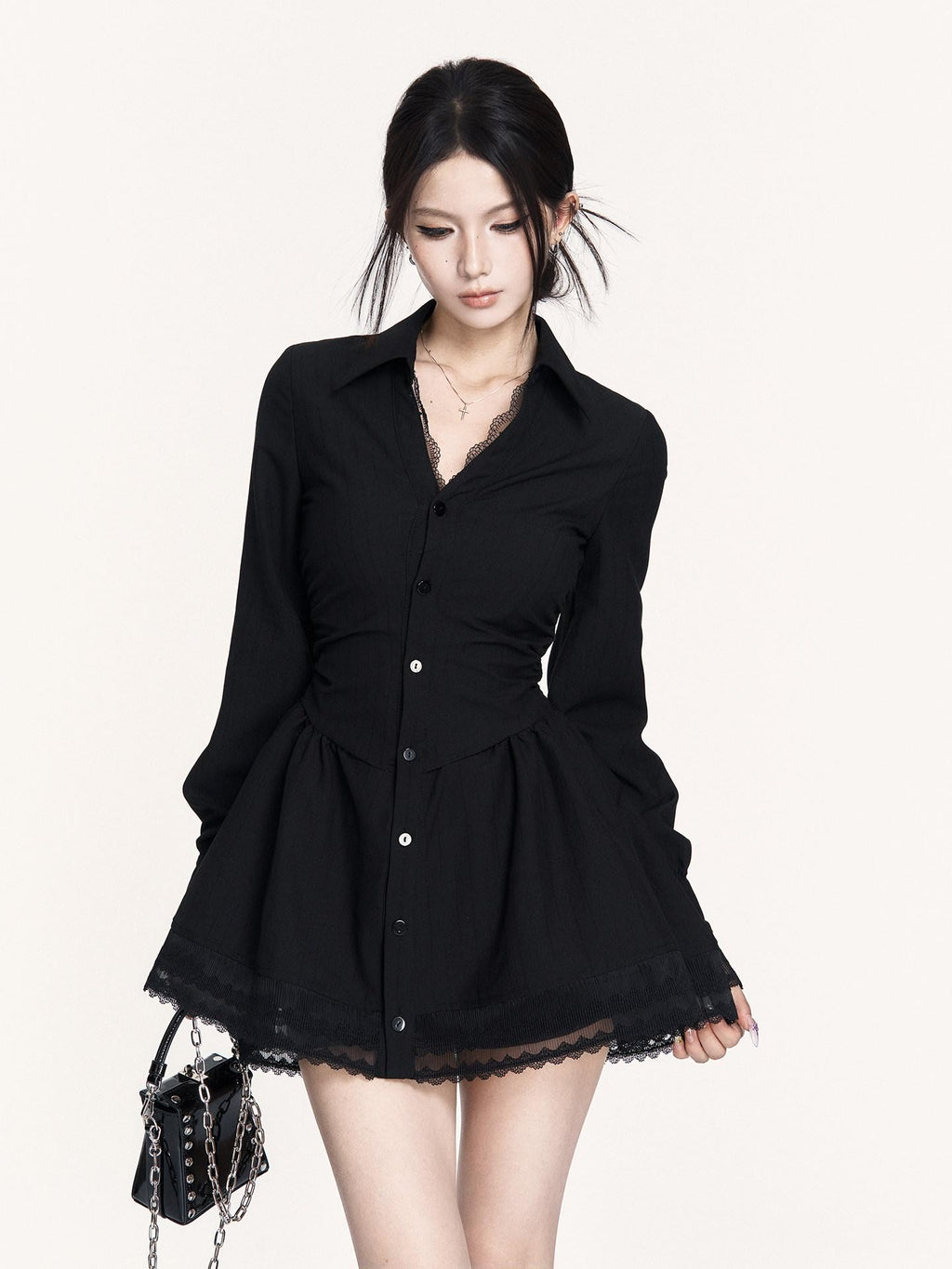 VOCK Spliced Lace Pleated French Aline Shirt Two Piece Women's Casual Mini Dresses