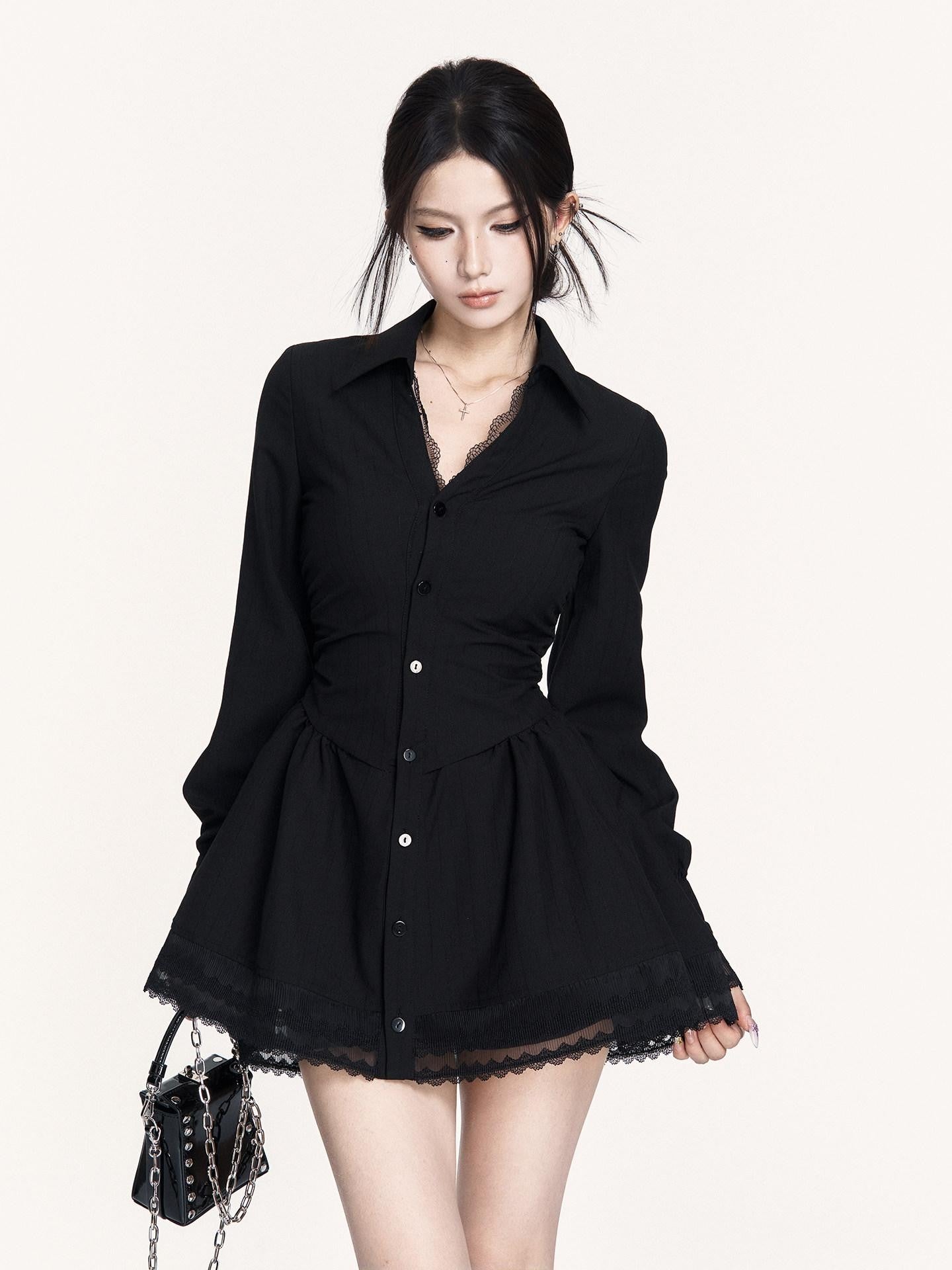 VOCK Spliced Lace Pleated French Aline Shirt Two Piece Women's Casual Mini Dresses