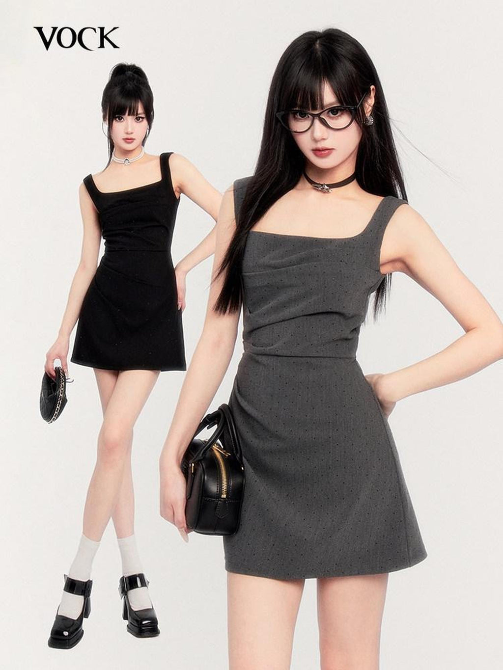 VOCK Square Neck Asymmetric Rhinestone Women's Polyester Slip Mini Dresses