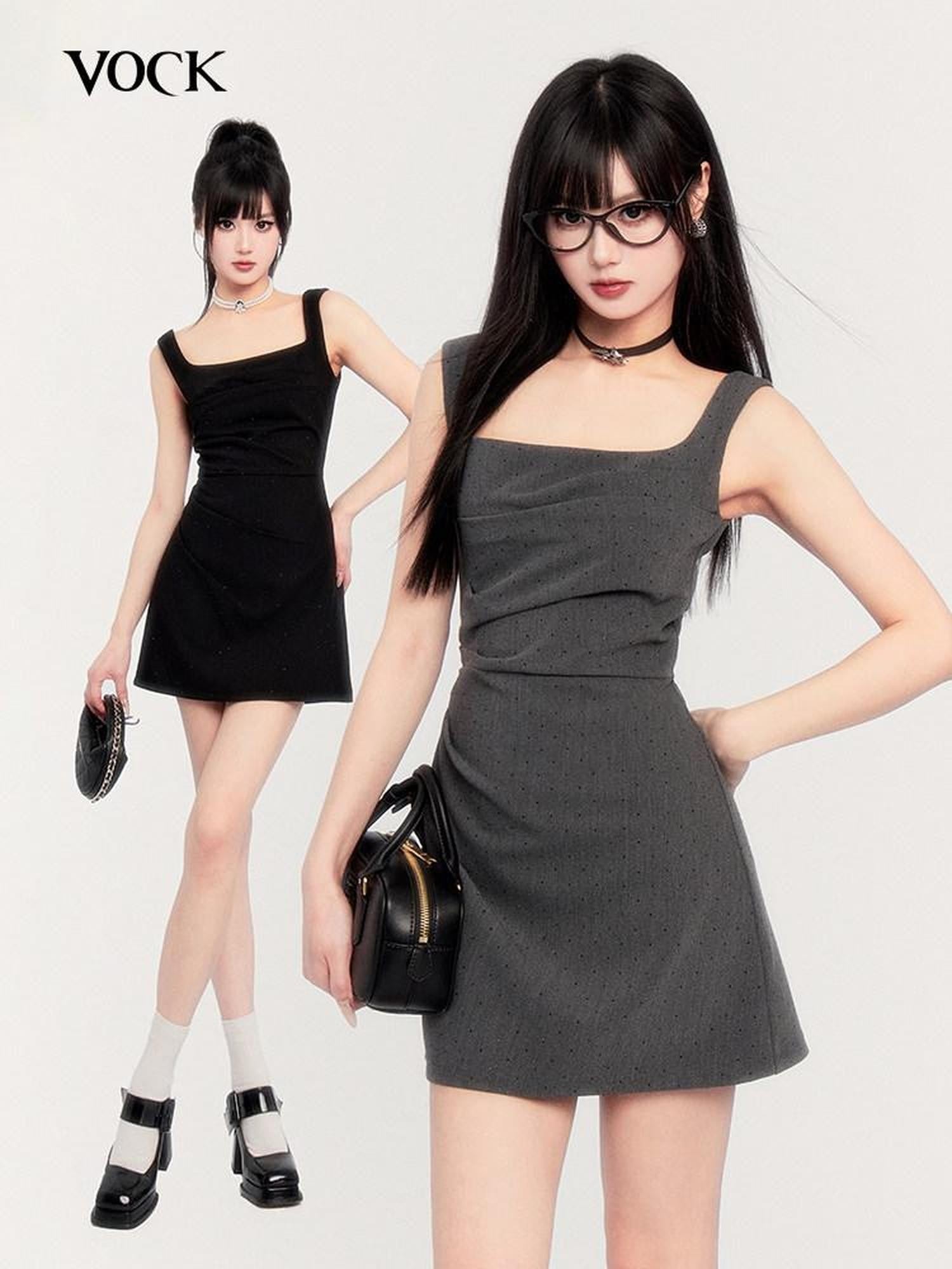 VOCK Square Neck Asymmetric Rhinestone Women's Polyester Slip Mini Dresses