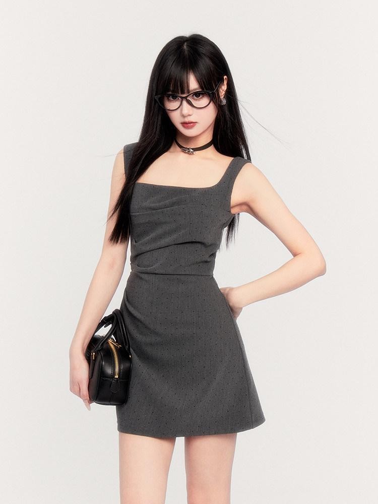 VOCK Square Neck Asymmetric Rhinestone Women's Polyester Slip Mini Dresses