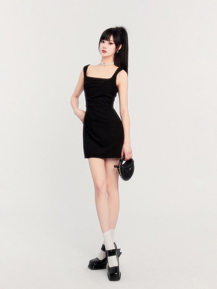VOCK Square Neck Asymmetric Rhinestone Women's Polyester Slip Mini Dresses