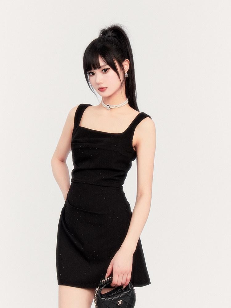VOCK Square Neck Asymmetric Rhinestone Women's Polyester Slip Mini Dresses