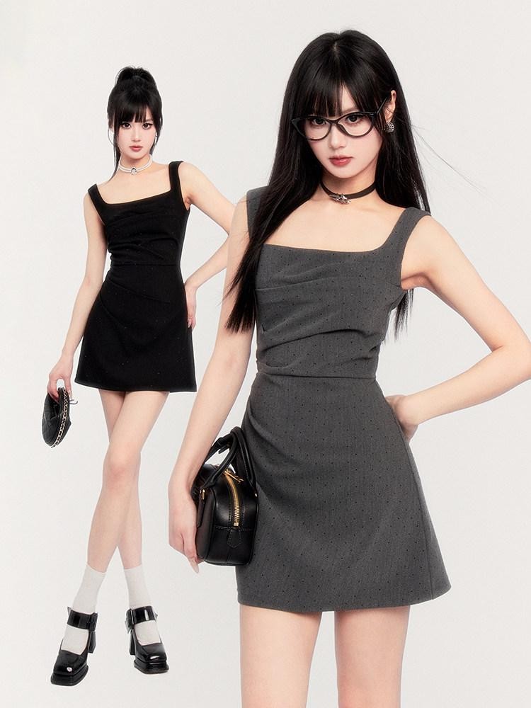 VOCK Square Neck Asymmetric Rhinestone Women's Polyester Slip Mini Dresses