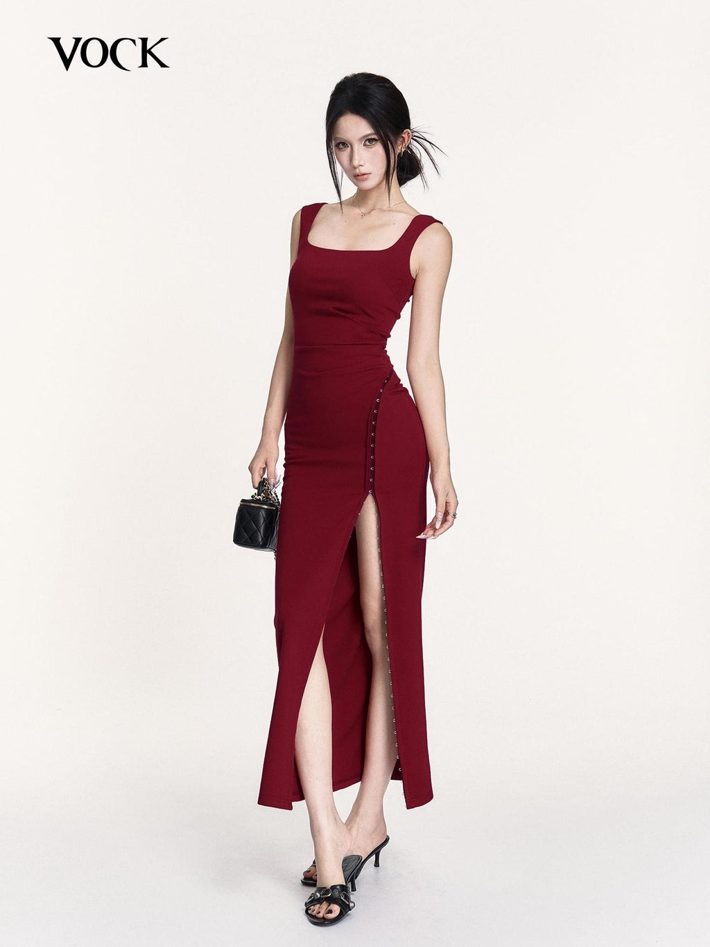 VOCK Square Neck Cinched Waist Irregular Slim Fit Women's Slip Maxi Dresses