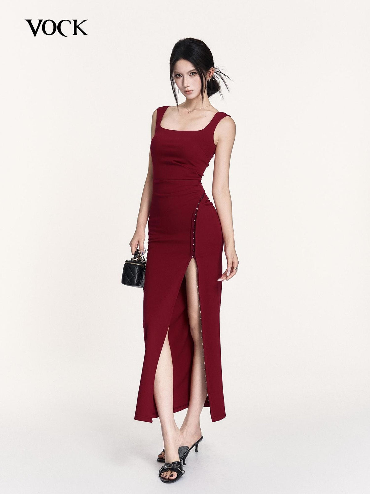 VOCK Square Neck Cinched Waist Irregular Slim Fit Women's Slip Maxi Dresses