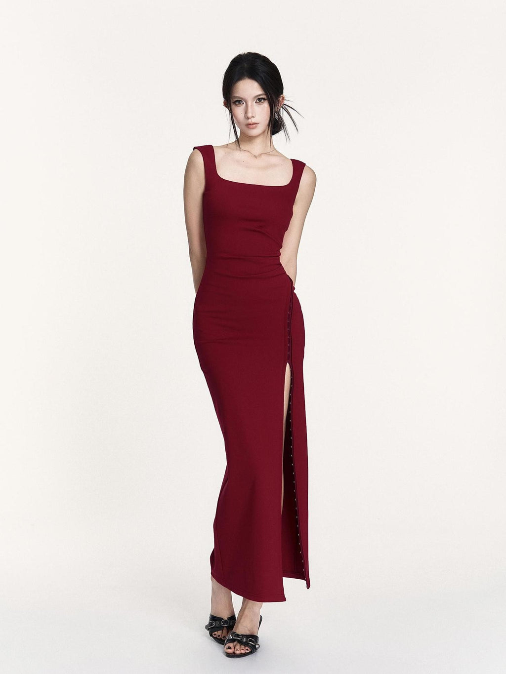 VOCK Square Neck Cinched Waist Irregular Slim Fit Women's Slip Maxi Dresses