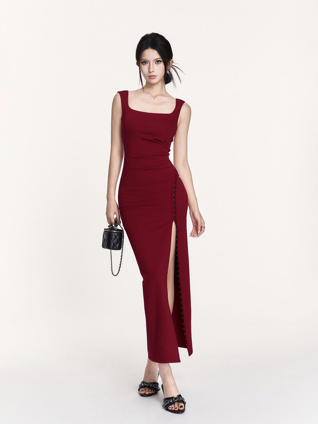 VOCK Square Neck Cinched Waist Irregular Slim Fit Women's Slip Maxi Dresses
