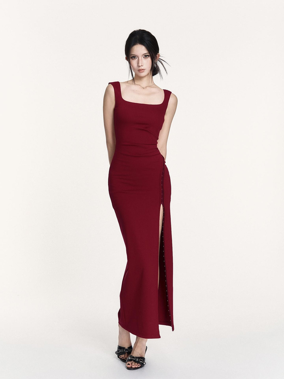 VOCK Square Neck Cinched Waist Irregular Slim Fit Women's Slip Maxi Dresses