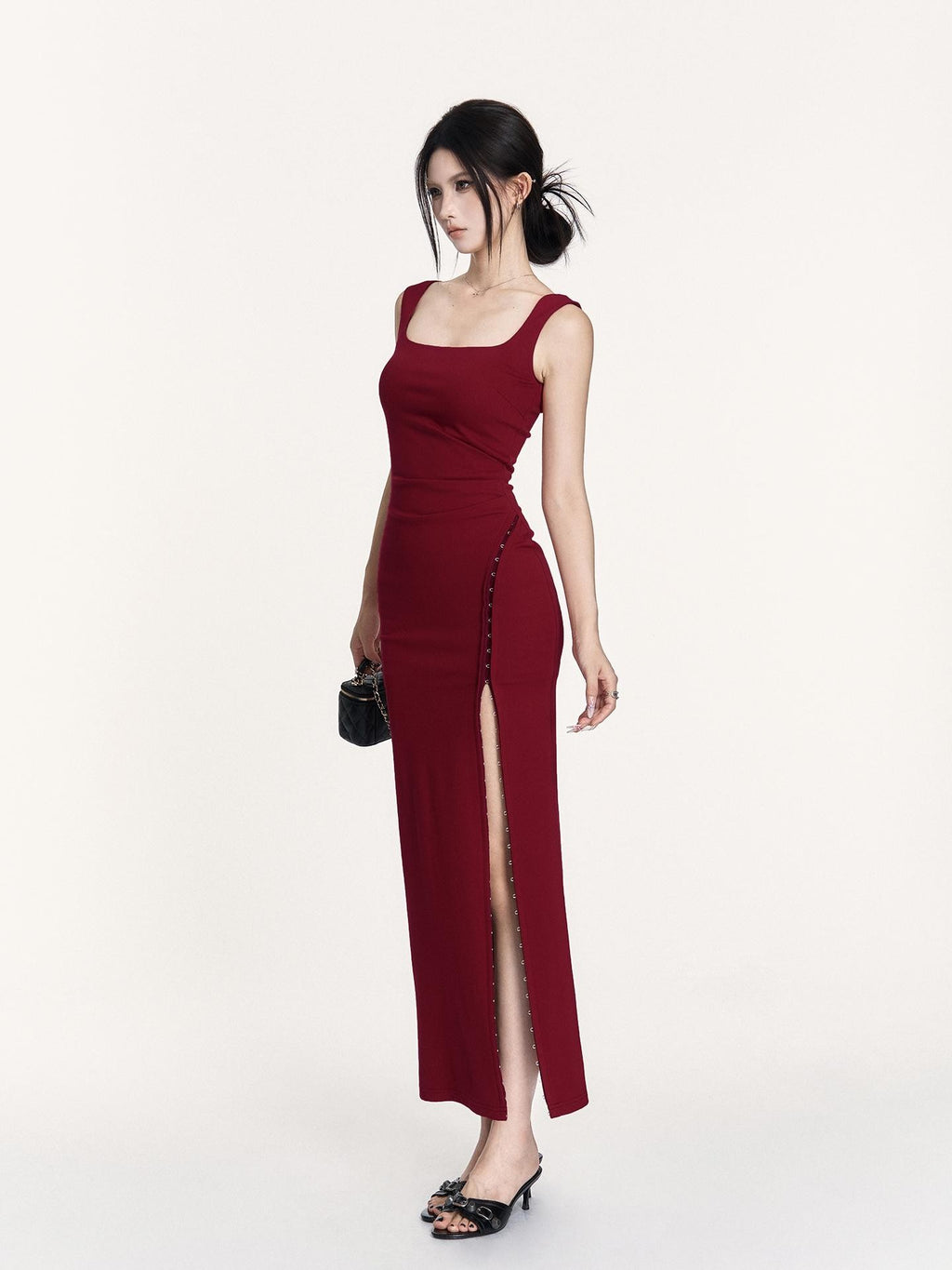 VOCK Square Neck Cinched Waist Irregular Slim Fit Women's Slip Maxi Dresses