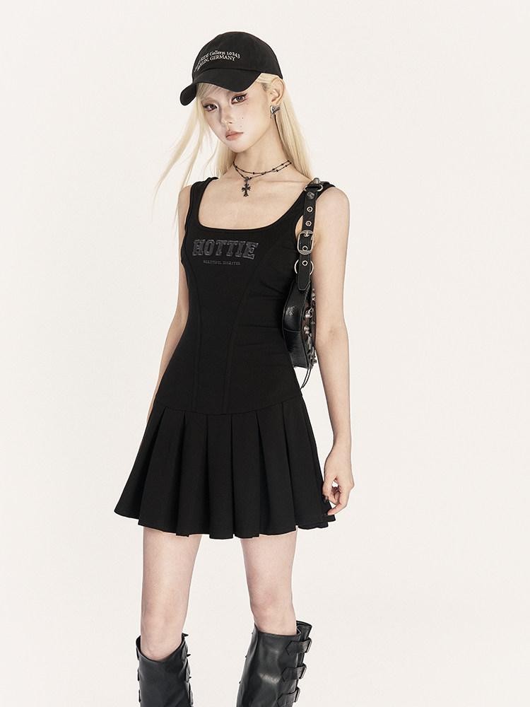 VOCK Square Neck Sleeveless Waist Cinch Faux Two Piece Women's Slip Mini Dresses