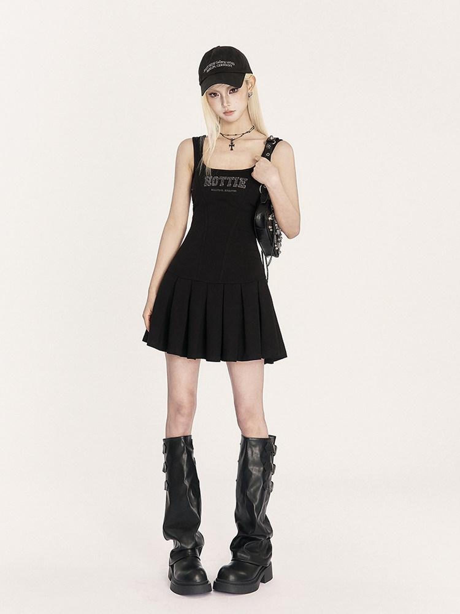 VOCK Square Neck Sleeveless Waist Cinch Faux Two Piece Women's Slip Mini Dresses