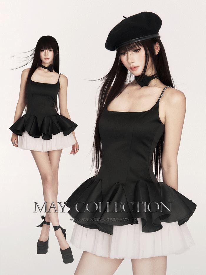 VOCK Square Neck Sleeveless Waist Cinch Faux Two Piece Women's Slip Mini Dresses
