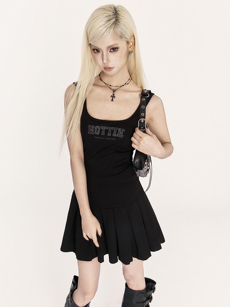 VOCK Square Neck Sleeveless Waist Cinch Faux Two Piece Women's Slip Mini Dresses