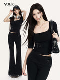 VOCK Square Neck Slim Fit Elastic Wide Fold Hem Women's Flare Pants
