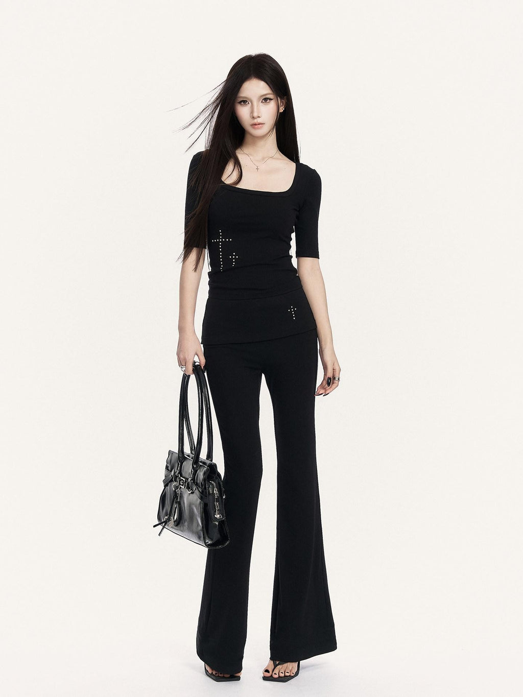 VOCK Square Neck Slim Fit Elastic Wide Fold Hem Women's Flare Pants